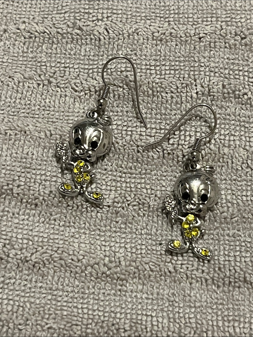Rare Warner Bros. Silver Tone Tweety Drop Earrings with Yellow Accents